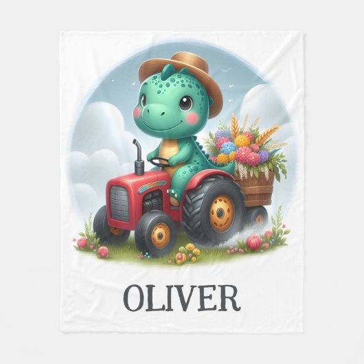 Schattigee Trex Dinosaurus Rijden Een Rode Tractor Fleece Deken (Voorkant)