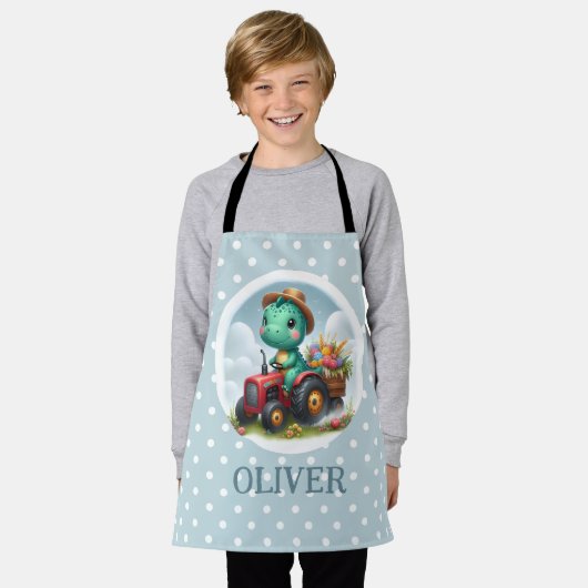 Schattigee Trex Dinosaurus Rijden Een Rode Tractor Schort (Gedragen)