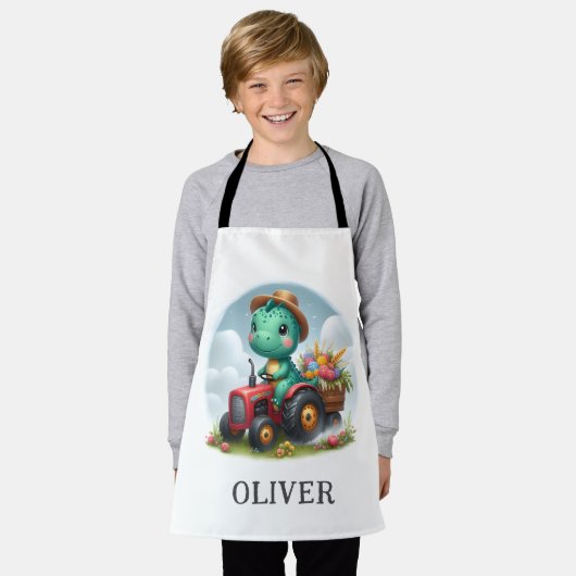 Schattigee Trex Dinosaurus Rijden Een Rode Tractor Schort (Gedragen)