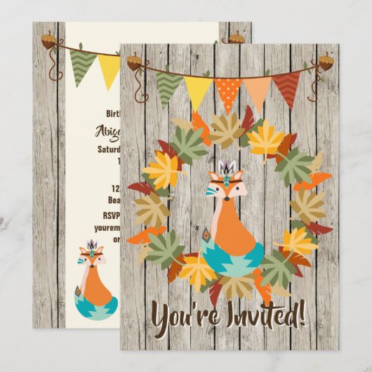 Schattigee Tribal Fox en Krans Herfst Verjaardag Kaart (Voorkant / Achterkant)