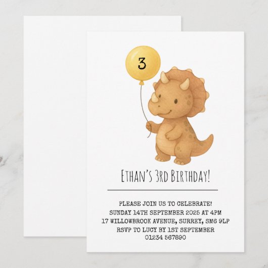 Schattigee Triceratops met Gele Ballon Verjaardag Kaart (Voorkant / Achterkant)