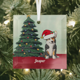 Schattigee Tricolor Corgi met Tail Custom Christma Glas Ornament