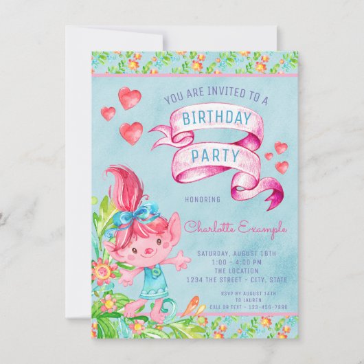 Schattigee troll verjaardagsfeestuitnodigingen kaart (Voorkant)