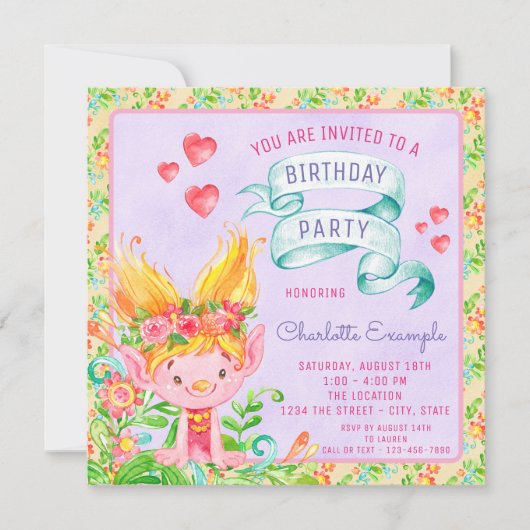 Schattigee troll verjaardagsfeestuitnodigingen kaart (Voorkant)