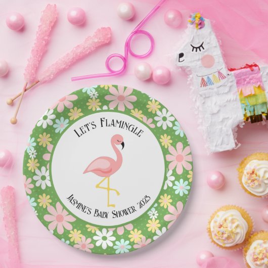 Schattigee tropische flamingo en Retro Daisy Flowe Papieren Bordje (Feest)