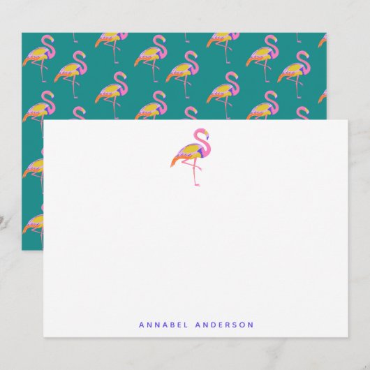 Schattigee Tropische Flamingo Groene Paarse Gepers Bedankkaart (Voorkant / Achterkant)