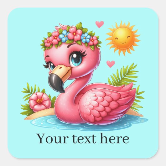 Schattigee tropische roze flamingo vierkante sticker (Voorkant)