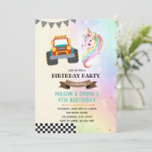 Schattigee truck en eenhoorn feestuitnodiging kaart (Staand voorkant)