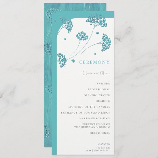 Schattigee turquoise bloemen bruiloft programmakaart (Voorkant / Achterkant)