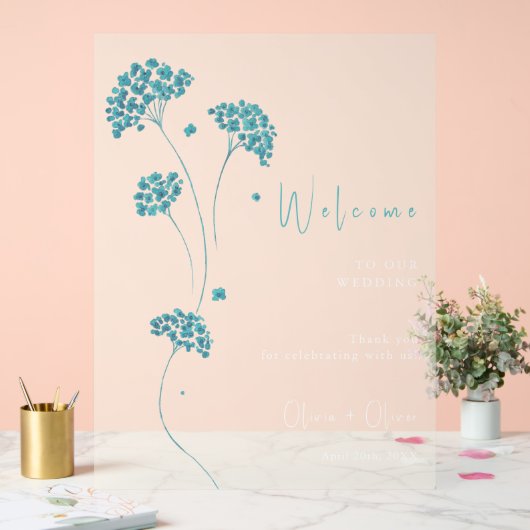 Schattigee turquoise bloemen bruiloft welkom acryl bord (Huwelijk)