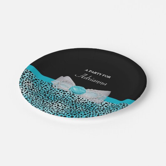 Schattigee Turquoise Cheetah Print Frilly Bow Part Papieren Bordje (Gekanteld)