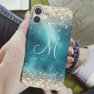 Schattigee turquoise gouden faux glitter monogram  iPhone 16 hoesje