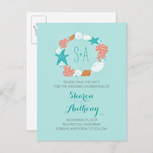 Schattigee turquoise strand bruiloft save the date aankondigingskaart (Voorkant / Achterkant)