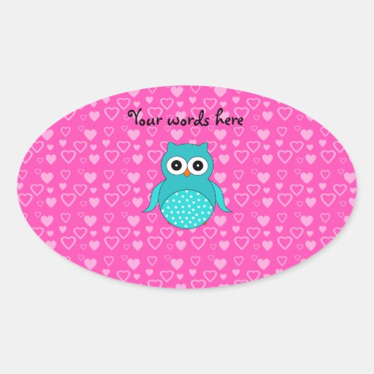 Schattigee turquoise uil roze harten ovale sticker (Voorkant)