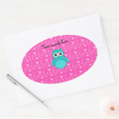Schattigee turquoise uil roze harten ovale sticker (Envelop)