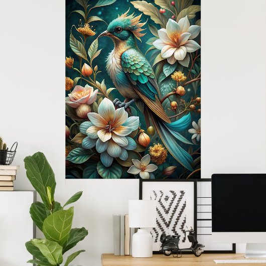 Schattigee turquoise vogel poster (Thuiskantoor)