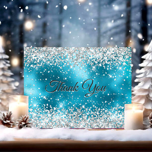 Schattigee turquoise zilveren faux glitter bedankkaart