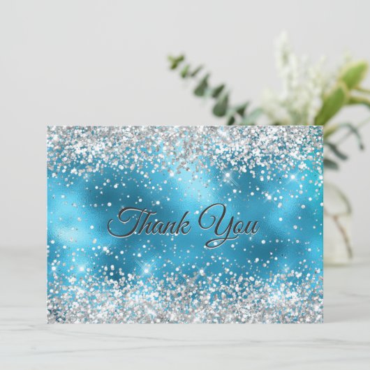 Schattigee turquoise zilveren faux glitter bedankkaart (Staand voorkant)