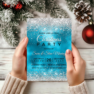 Schattigee turquoise zilveren faux glitter kerst kaart