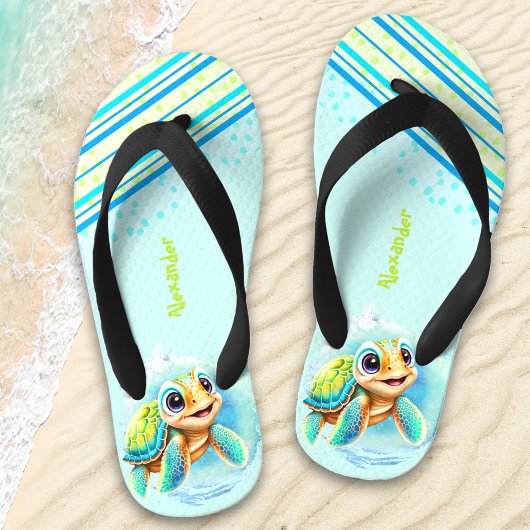 Schattigee Turtle Boy gepersonaliseerde naam Kinder Teenslippers