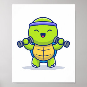 Schattigee Turtle Lifting Dumbbells Cartoon Illust Poster