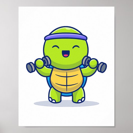Schattigee Turtle Lifting Dumbbells Cartoon Illust Poster (Voorkant)