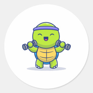 Schattigee Turtle Lifting Dumbbells Cartoon Illust Ronde Sticker