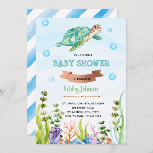Schattigee Turtle Party Thema uitnodiging (Voorkant / Achterkant)