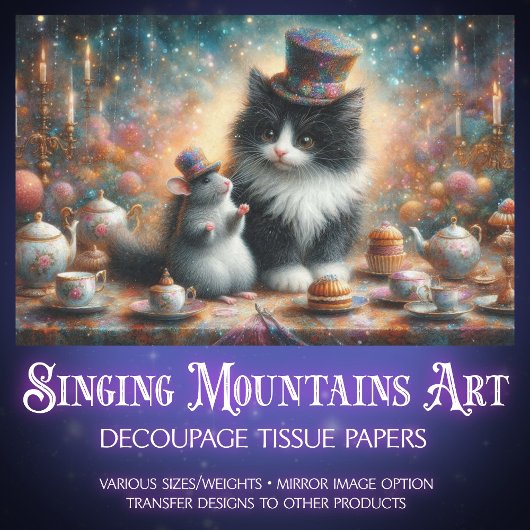 Schattigee Tuxedo Cat and Mouse Fantasy Decoupage. Tissuepapier