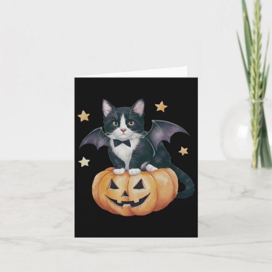 Schattigee Tuxedo Cat Halloween Pompoen Cat Spooky Kaart (Voorkant)