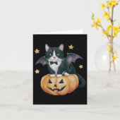 Schattigee Tuxedo Cat Halloween Pompoen Cat Spooky Kaart (Gele Bloem)