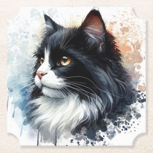 Schattigee Tuxedo Cat Waterverf Art Kartonnen Onderzetters (Voorkant)