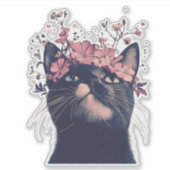 Schattigee Tuxedo Kat en Bloemen Sticker (Voorkant)