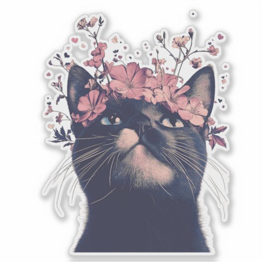 Schattigee Tuxedo Kat en Bloemen Sticker (Voorkant)