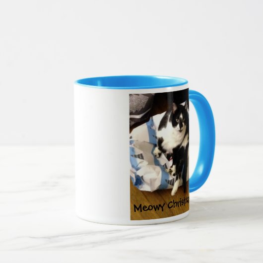 Schattigee Tuxedo Kat Kerst Present Mokken (Voorkant rechts)