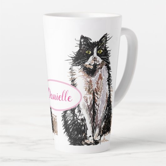 Schattigee Tuxedo Kat Zwart Wit Tekenkunst Katten  Latte Mok (Rechterhoek)
