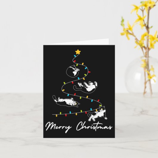 Schattigee Tuxedo Katten Kerstboom Lichten Eigenaa Kaart (Gele Bloem)