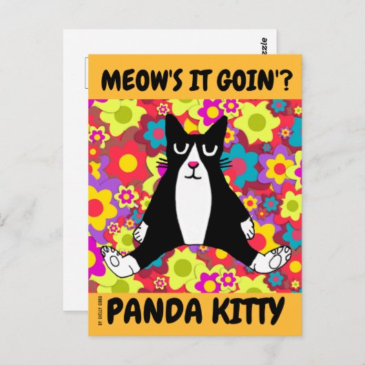 SCHATTIGEE TUXEDO KATTENKUNST, PANDA KAT ZITTEND BRIEFKAART (Voorkant / Achterkant)