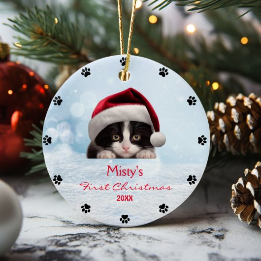 Schattigee Tuxedo kattenpootafdruk gepersonaliseer Keramisch Ornament