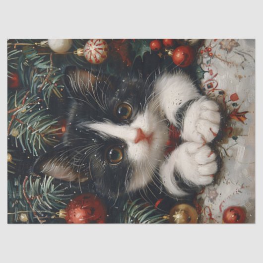 Schattigee Tuxedo Kitten Kerstkat Decoupage Tissuepapier (Voorkant)