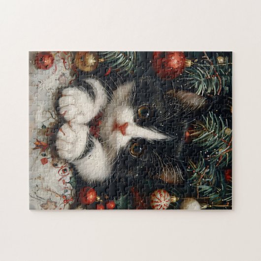 Schattigee Tuxedo Kitten Kerstkat Legpuzzel (Horizontaal)