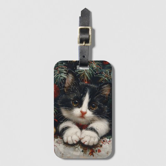 Schattigee Tuxedo Kitten Kerstkattenkunst Bagagelabel (Voorkant (verticaal))