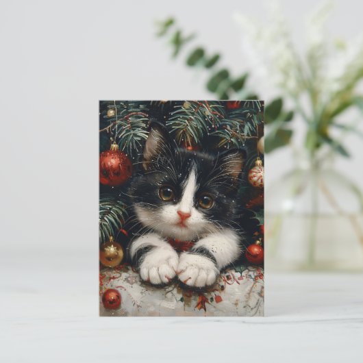Schattigee Tuxedo Kitten Kerstkattenkunst Briefkaart (Staand voorkant)