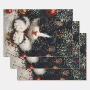 Schattigee Tuxedo Kitten Kerstkattenkunst Inpakpapier Vel