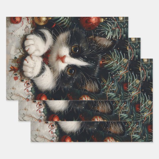 Schattigee Tuxedo Kitten Kerstkattenkunst Inpakpapier Vel (Set)