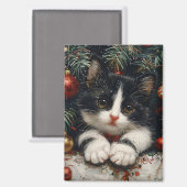 Schattigee Tuxedo Kitten Kerstkattenkunst Magneet (Voorkant / Achterkant)
