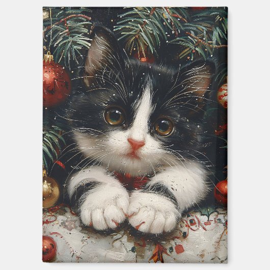 Schattigee Tuxedo Kitten Kerstkattenkunst Magneet (Voorkant)