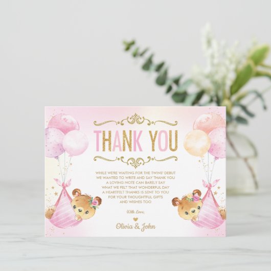 Schattigee tweeling baby meisjes teddyberen Baby s Bedankkaart (Staand voorkant)