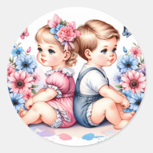 Schattigee  tweeling   Jongen en meisje Ronde Sticker