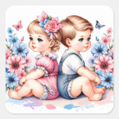 Schattigee  tweeling | Jongen en meisje Vierkante Sticker (Voorkant)